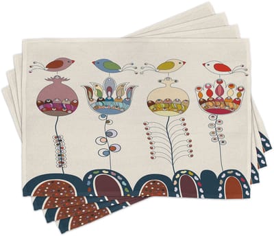 ABAKUHAUS Tuin-placematten, gestileerde cartoonachtige landschap met bloemen, vogels en abstracte vormen, kleurrijk – tafeldecoratie van kleurvast stof voor eetkamer en keuken, veelkleurig