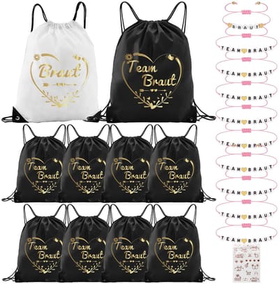 Dailygoods - 10 Team Bride gymtas met trekkoord (42 x 33 cm) en 10 armbandjes voor dames, 1 sticker, vrijgezellenfeest, dames, bruid tas, rugzak, team bruid, set voor bruiloft, bruid, feest, zwart