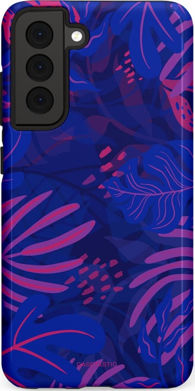Casetastic hoesje geschikt voor Samsung Galaxy S21 FE 5G - Dubbellaagse bescherming - Neon jungle blad - Fashion Case - Donkerblauw Lavendel Roze