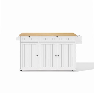 YYchan Keukentrolley keukeneiland - keukentrolley op wieltjes - Keukeneiland verplaatsbaar - Massief Rubberwood Werkblad - 2 Lades & 2 Deuren - 137x70x89.5 cm - Wit