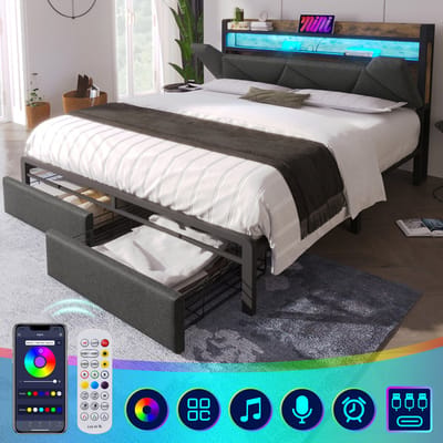 Sweiko Gestoffeerd bed met USB C-type oplaadfunctie, LED verlichting, opbergruimte hoofd en lade, eenpersoonsbed 160 x 200cm, opbergbed, metalen frame, bedplaats met platte noedelsvoet, Donkergrijs (geen matras)
