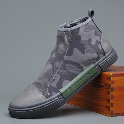 Bottes pour hommes de la mode britannique, chaussures décontractées respirantes et antidérapantes, à enfiler, motif camouflage, fermeture éclair latérale, noir et gris, M2362 9.5 gris