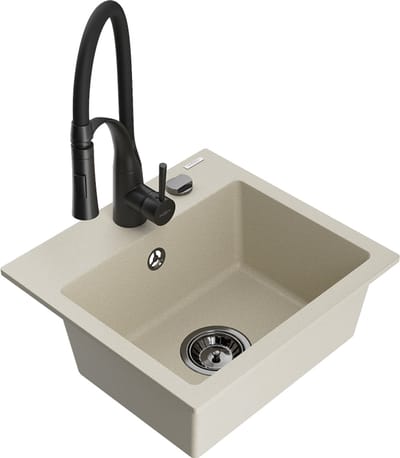 Mexen Milo granieten spoelbak met 1 bak met Aster keukenkraan, beige - 6505-69-73450-70-B