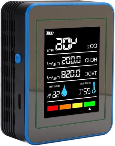 Cocoarm Luchtkwaliteitsdetector, ABS Indoor Air Quality Monitor met CO2 TVOC HCHO Temperatuur-vochtigheidsdetectie, LCD-scherm Type C Oplaadbaar voor Thuiskantoor Reizen (zwart en blauw)