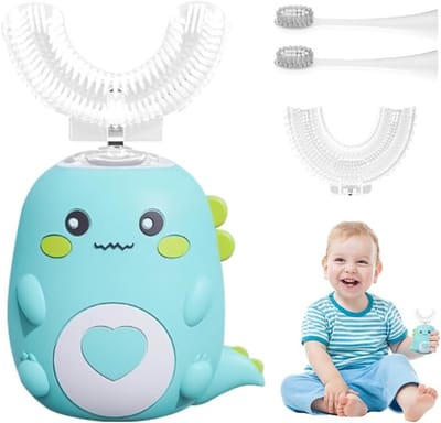 SnelShoppen - Dinobrush Auto-Sonische Tandenborstel voor Kinderen met 2 U-Vormige Siliconen Borstelkoppen en LED Dinosaurus Design, 360º Elektrische K