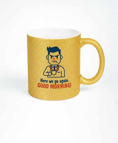 Gouden Koffiemok - Hier gaan we weer! Goedemorgen! Mok met Uniek Design