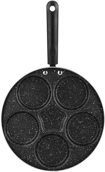 Eierpan met 5 gaten - Pannenkoekenpan koekenpan - Ontbijt maken - Gelijkmatige warmteverdeling - 43 cm lengte - Zwart