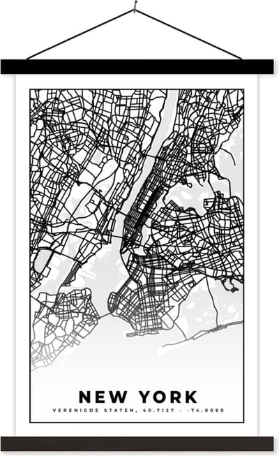 Posterhanger incl. Poster 40x60 cm - Schoolplaat - New York - Stadskaart - Zwart Wit - Plattegrond - Kaart - Textielposter - Zwarte latten - Stadskaart