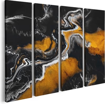 Artaza Canvas Schilderij Vierluik Abstracte Kunst van Zwarte Gouden Verf - 80x60 - Foto Op Canvas - Canvas Print
