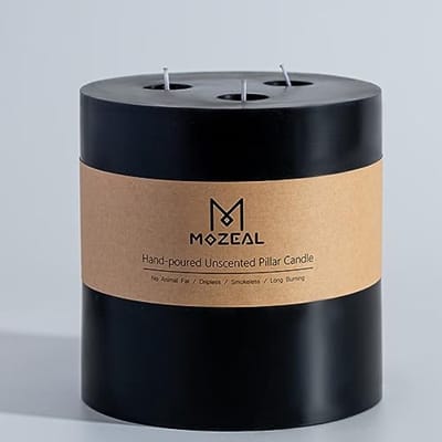 Extra grote 3 lonten zwarte pilaarkaars 15x15 cm - ongeparfumeerd, druppelloos en rookloos