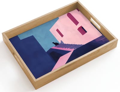 Dienblad hout 40x30 cm - Schootdienblad - Kat - Trap - Gebouwen - Schaduwcontrasten - Borrelplank rechthoek - Plateau dienbladen