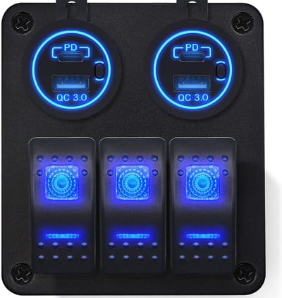 ProRide Schakelpaneel 12V voor Auto/Boot - USB/USB C Stopcontact 4 Poorten met Schakelaar - QC3.0 - 3 schakelaars - Blauw