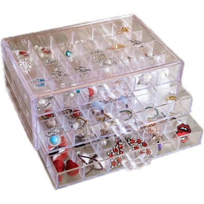 Boîte de Rangement pour Bijoux Transparente 72 Grilles Anti-poussière Présentoir à Boucles d'Oreilles pour Femmes 3 Couches white