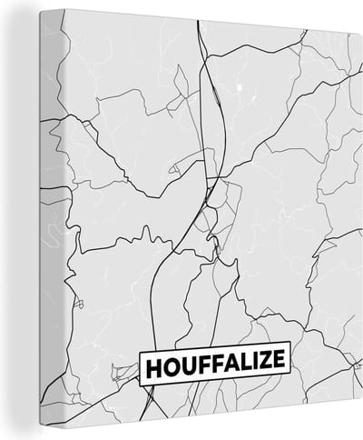 Canvas Schilderij Zwart Wit – België – Plattegrond – Stadskaart – Kaart – Houffalize - 20x20 cm - Wanddecoratie