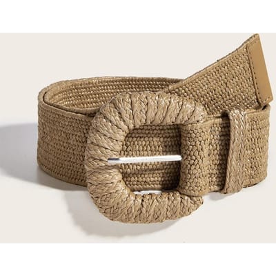 Gevlochten Taille Riem Vrouwelijke Vintage Boho PP Nep Stro Brede lange Riemen Tailleband Voor Vrouwen ronde vierkante gesp jurk decoratief beige