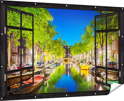 Gards Tuinposter Doorkijk Amsterdamse Gracht in de Nacht - 180x120 cm - Tuindoek - Tuindecoratie - Wanddecoratie buiten - Tuinschilderij