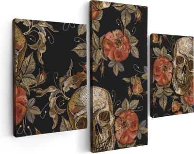 Artaza Canvas Schilderij Drieluik Doodshoofden met Bloemen - Schedels - 90x60 - Foto Op Canvas - Canvas Print