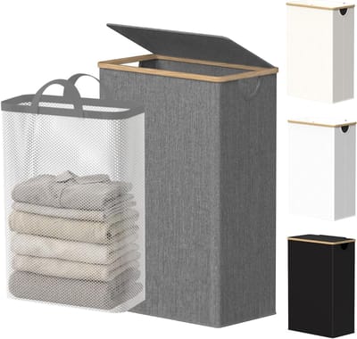 Fijne Wasmand met Deksel, Smalle Wasmand met Verwijderbare Waszak en Bamboe Handvatten voor Badkamer, Slaapkamer en Berging, 75 L, Grijs - Ideaal voor Organisatie en Ruimtebesparing