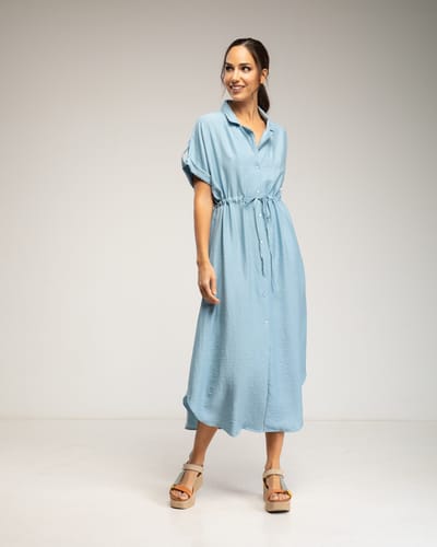 Midi-jurk met elastische taille en borst, rimpelmouwen en zakken