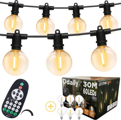 Odaily Lichtsnoer - 30 Meter - 60 LED Lampen G40 - Warm Wit Licht - Dimbaar - IP65 - Horeca Kwaliteit