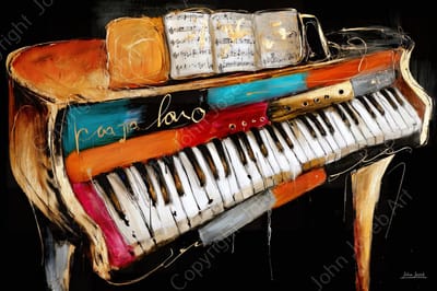 John Joseb Art (Aluminium) 120x80 | Piano, artistiek abstract, kleurrijk, muziek, kunst | muziekinstrument, goud, rood, geel, blauw, zwart, wit, modern | foto-schilderij op dibond, metaal wanddecoratie