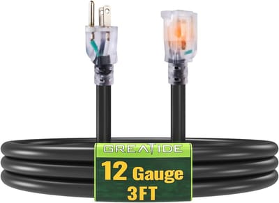 Verlichte Buitenaardse Verlengkabel 3 ft - Zware Kwaliteit 12/3 SJTW Zwarte Verlengkabel met 3-Pins Aardingsstekker - 15 Amp Vermogen voor Tuin, Apparaten