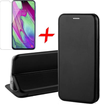 Hoesje geschikt voor Samsung Galaxy A40 - Screen Protector GlassGuard - Book Case Kunstleer ThinShield Zwart & Screenprotector