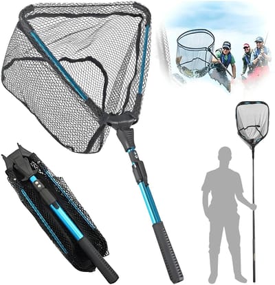 Dailygoods - Schepnet voor vissen, 90 cm, telescopisch schepnet, visschepnet, rubberen coating, voor het vangen van forel, baars, karpers, voor volwassenen en kinderen
