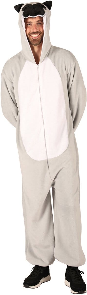 Dieren Kostuum Hond Volwassenen - Pluche - Dieren Onesie - Carnaval - Verkleedkleren Damen En Heren - Grijs/Wit - Maat M/L