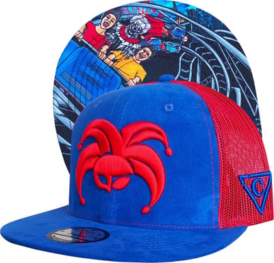 Capiche® Trucker Snapback – Wilde Rit – Blauw Suède & Rood Mesh – Pet Heren – Sportcap – Trucker Pet – Wild Ride Clown Pet