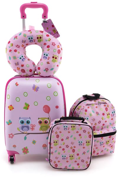 COSTWAY 5-delige kinderkoffer + rugzak, kindertrolley met lunchbox, bagagelabel en nekkussen, kinderbagage met wielen, handbagage, reiskoffer, harde koffer voor jongens en meisjes, Roze uil