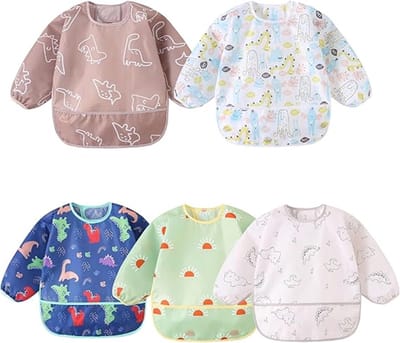 YAGXIG Cartoon slabbetjes - Waterdichte slabbetjes voor pasgeborenen - Slabbetjes met lange mouwen - Set van 5 - Waterdichte slabbetjes met mouwen - Voedingsschortjes voor baby's - Geschikt voor baby's jonger dan twee jaar - Maat M