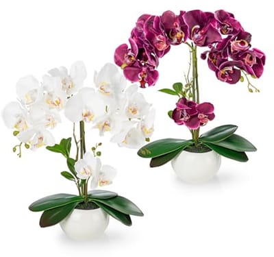 Set van 2 kunstorchideeën in hoogglans keramische potten (40 cm) - Real Touch kunstbloemen voor interieurdecoratie