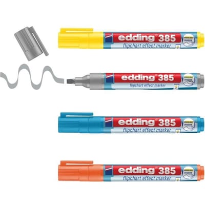 edding 385 markeerstift met flexibele punt set 4 stuks - geel, grijs, lichtblauw, oranje - navulbaar - flexibele penseelpunt - intense kleuren - in handig bewaardoosje