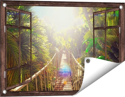 Gards Tuinposter Doorkijk Houten Brug in de Tropische Jungle - 60x40 cm - Tuindoek - Tuindecoratie - Wanddecoratie buiten - Tuinschilderij