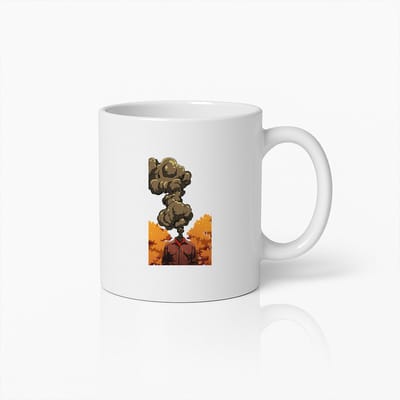 Surrealistische Kunst Mok met Wolkenhoofd – Uniek Ontwerp van Herfstbos Keramische Koffiebeker