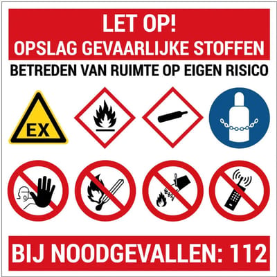 Let op opslag gevaarlijke stoffen bord | gecoat dibond materiaal | 20 x 20 cm