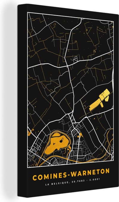 Canvas Schilderij Comines-Warneton - Plattegrond - Kaart - Goud - Stadskaart - 20x30 cm - Wanddecoratie