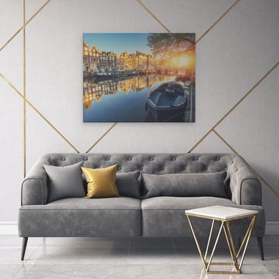 Artaza Canvas Schilderij Amsterdam - 100x80 cm - Groot - Wanddecoratie Grachtenpanden - Muurdecoratie Zonsondergang - Schilderijen Op Canvas