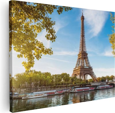 Artaza Canvas Schilderij Eiffeltoren Parijs - 80x60 cm - Wanddecoratie Skyline - Muurdecoratie Boot - Schilderijen Op Canvas