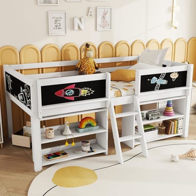 Halfhoogslaper 90x200 cm - met opbergrek - leuning - ladder - dennenhout - zonder matras - wit