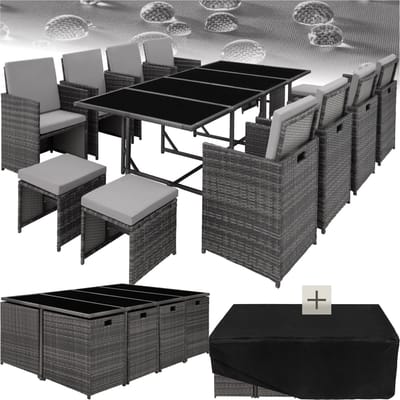 tectake® Wicker Loungeset - Weerbestendige Polyrotan Tuinset voor 12 Personen - 8 Tuinstoelen, 4 Krukken, 1 Tuintafel - Incl. Beschermhoes en 20 Kussens - Voor Tuin, Balkon, Terras - Ruimtebesparend op te bergen - Grijs/Lichtgrijs