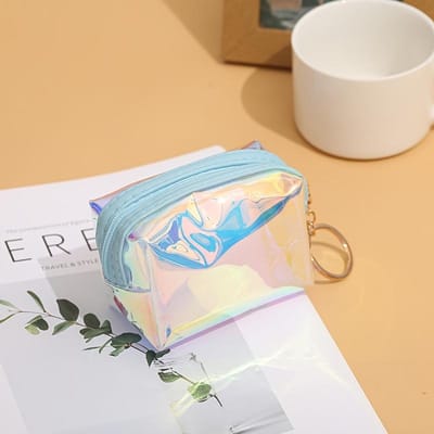 1 sac à cosmétiques transparent au laser, organisateur de toilette de voyage portable, mini sac de rangement de voyage étanche adapté aux voyages, à l'hôtel bleu