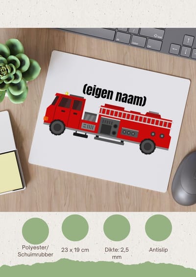 Akyol - brandweerwagen Muismat - Brandweer - iemand die werkt bij de brandweer - met eigen naam - leuk cadeau voor iemand die bij de brandweer werkt - cadeau - kado - 23 bij 19 cm