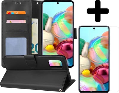 Hoesje - Met Screenprotector - Geschikt voor Samsung Galaxy A71 - Luxe Pasjeshouder - Flipcase - Bookcase Portemonee - Flip Case - Kunstleer Book Case - Book Cover - Walletcase - Portemonneehoes - Telefoonhoes - Zwart