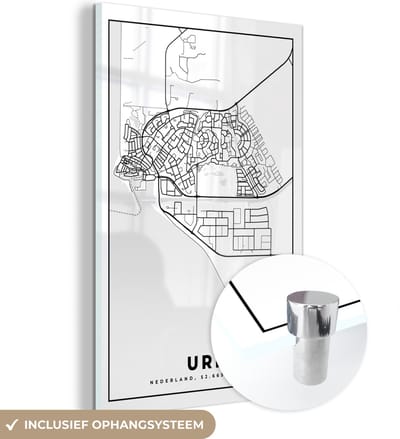 MuchoWow® Glasschilderij 40x60 cm - Schilderij acrylglas - Kaart - Urk - Zwart - Wit - Foto op glas - Schilderijen