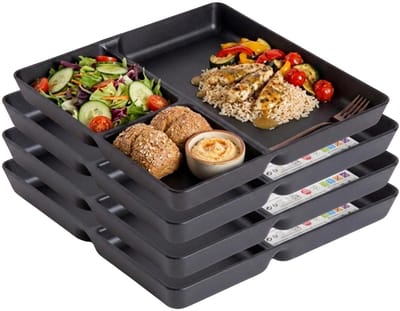 Plasticforte Vakjesborden - 4x stuks - zwart - gourmetbord - 3-vaks - kunststof - 24 x 24 cm - fonduebord - bbq - camping