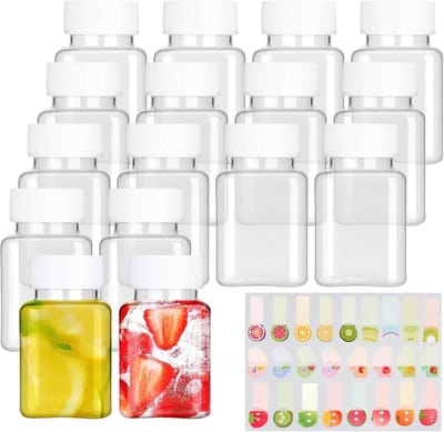 Famanu - Set van 10 plastic shotflessen 100 ml, herbruikbaar met stickers, geschikt voor sap, smoothie en drank – Transparant