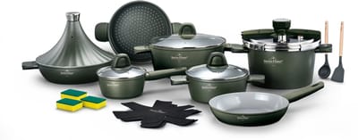 Swiss Haus® GPC3020G Pannenset Inductie - 20 Delige Pannensets - PFAS Vrij - Incl. Koekenpan, Kookpotten, Steelpan, Snelkookpan, Stoommand & Tajine - Geschikt Voor Alle Warmtebronnen - Complete Kookset met Keramische Antiaanbaklaag - Groen