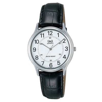 Q&Q VG68J304Y - Horloge - Analoog - Heren - Mannen - Leren band - Rond - Metaal - Zwart - Zilverkleurig - Wit - 3ATM